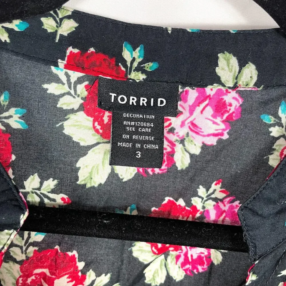 Torrid Top Black Red Floral Print Pleated V-Neck Long Sleeve Sz 3X Cotton Womens